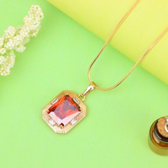 "Red Rectangle Pendant with Gold Frame and Sparkling Stone Accents, XPPT1787 - Picture 10 of 12